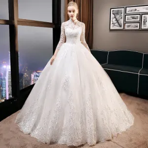 Women Trendy Stand Collar Long Sleeve Pretty Lace Embroidered Wedding Dress - WWD82860