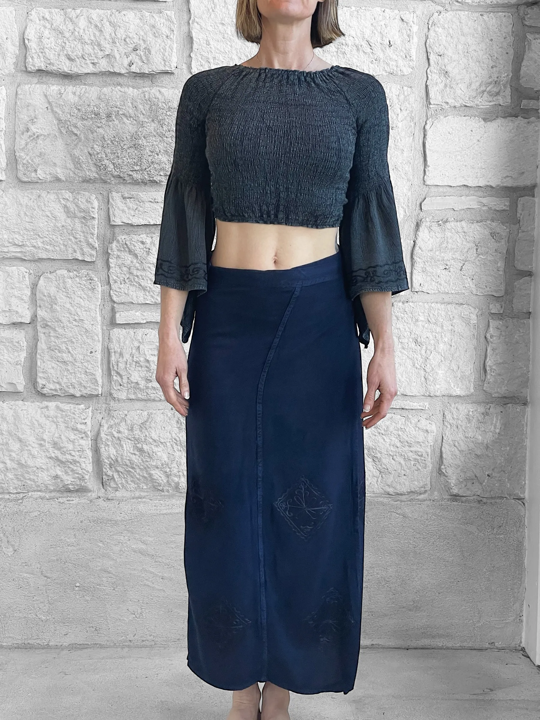 'Wrap Around Skirt' Long Embroidered - Blue