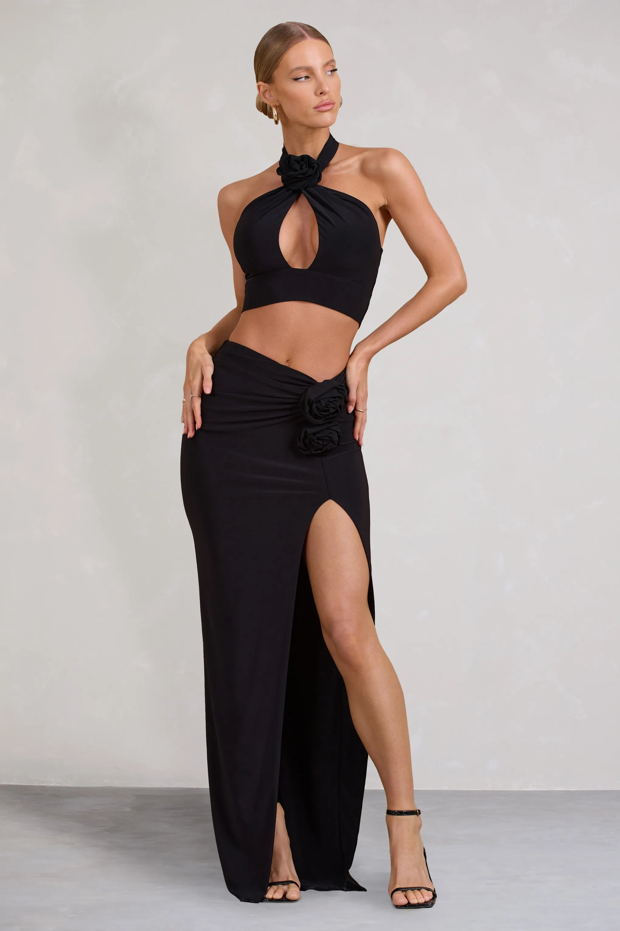 Your Angel | Black Thigh Split Maxi Skirt With Flowers