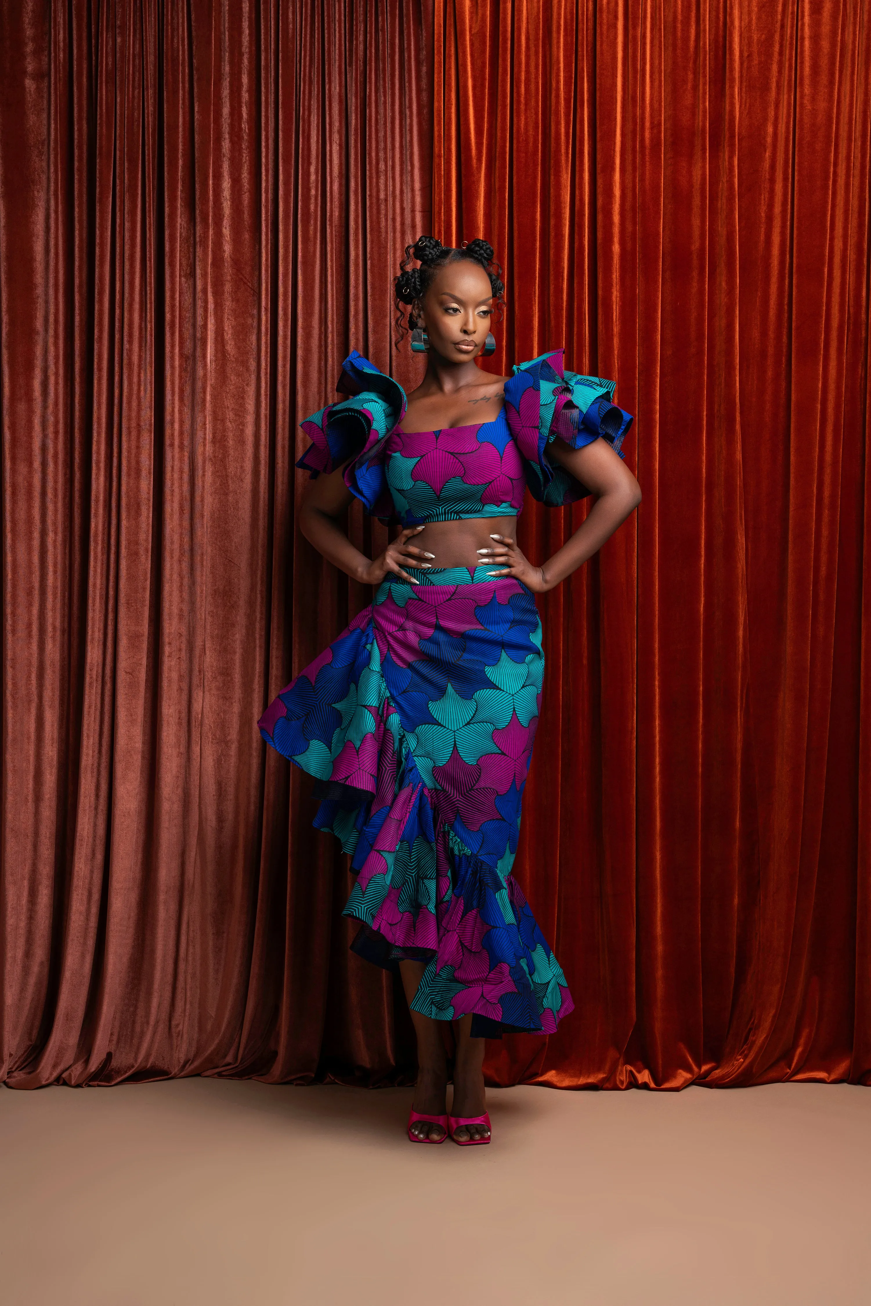 ZURI African Print Layered Ruffle sleeve Crop Top